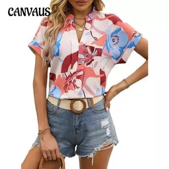Женская летняя рубашка с модным цветочным принтом и v-образным вырезом с короткими рукавами S красный
