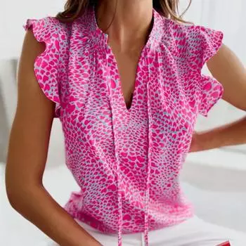 Женская летняя рубашка с отделкой большого размера и принтом в виде сердца на шнуровке и воротником с рюшами и рукавами, уличная одежда XL розовый