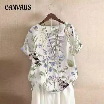 Женская летняя рубашка с принтом, винтажная футболка с короткими рукавами, хлопковая льняная рубашка