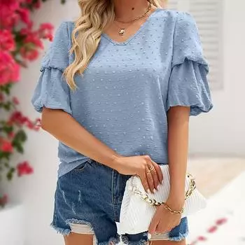 Женская летняя рубашка с пышными рукавами и V-образным вырезом, однотонная пуловерная рубашка, блузка, топ S белый