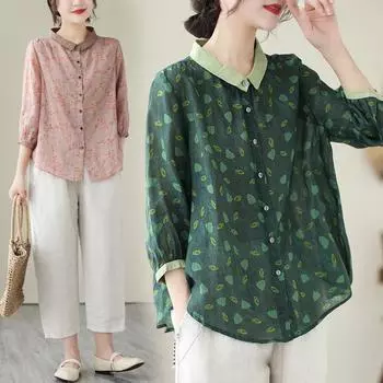 Женская летняя рубашка с ретро-принтом и рукавом семь минут, свободные повседневные топы в литературном стиле 2XL зелёный