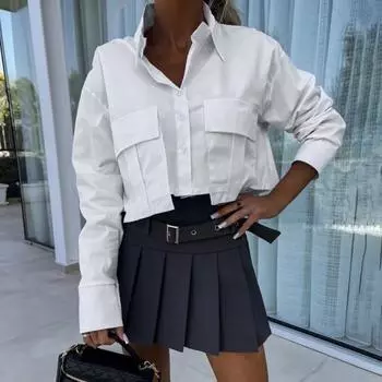 Женская летняя рубашка с рукавами, рубашки, топы, укороченные топы, базовый стиль для поездок на работу, длинные однобортные лацканы с клапаном L белый