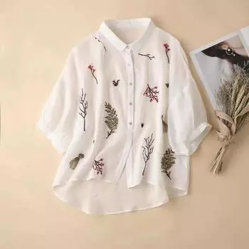 Женская летняя рубашка с рукавом семь четвертей из хлопка с вышивкой, свободная тонкая блузка в литературном стиле 3XL белый