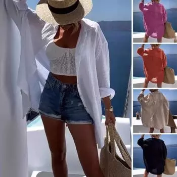 Женская летняя рубашка с тонкими свободными лацканами, однобортная однобортная рубашка на пуговицах, сплошной цвет, бикини с длинными рукавами, кардиган размера плюс