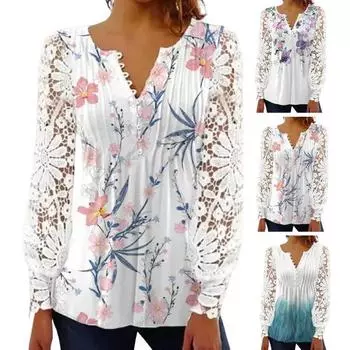 Женская летняя рубашка с v-образным вырезом и цветочным принтом на пуговицах, кружевная строчка, повседневная одежда с длинным рукавом, прозрачная прозрачная футболка весна-лето, женская одежда M розовый