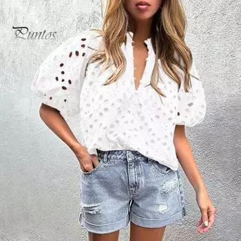 Женская летняя рубашка с v-образным вырезом и фонариком, футболка с короткими рукавами, сплошной цвет, свободный крой, топы с вышивкой, полые однобортные рубашки, уличная одежда S синий