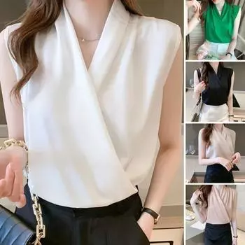 Женская летняя рубашка с v-образным вырезом без рукавов, однотонный пуловер, топы, свободная атласная блузка с перекрестной оберткой 2XL шампанского