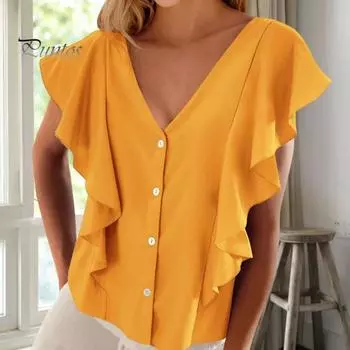 Женская летняя рубашка с v-образным вырезом и рюшами на рукавах, свободная блузка, однотонные однобортные топы, уличная одежда M хаки