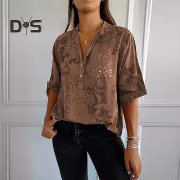 Женская летняя рубашка с v-образным вырезом и лацканами, пуловер с половиной рукавов, топы с принтом, пуговицы, половина планки, пайетки, накладной карман, свободная рубашка M темно-коричневого