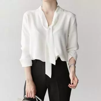 Женская летняя рубашка с v-образным вырезом и шнуровкой, цветной пуловер с длинными рукавами, однотонные офисные свободные женские топы M белый