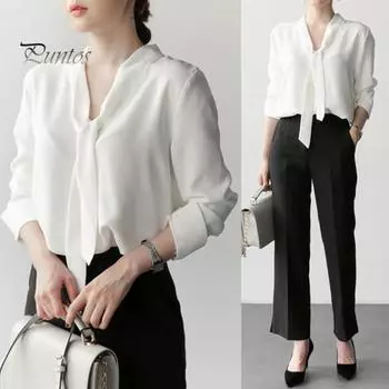 Женская летняя рубашка с v-образным вырезом и шнуровкой, пуловер с длинными рукавами, однотонные топы свободного кроя, офисные женские топы, рабочая одежда S синий