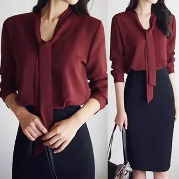 Женская летняя рубашка с v-образным вырезом и шнуровкой, пуловер с длинными рукавами, однотонные топы свободного кроя, офисные женские топы, рабочая одежда M белый