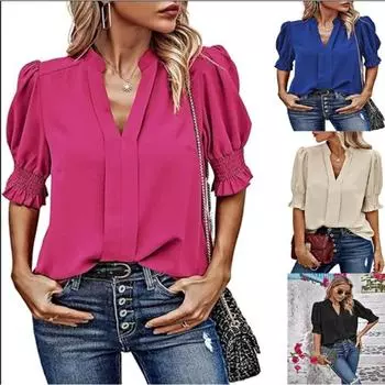 Женская летняя рубашка с V-образным вырезом и рукавами-фонариками, однотонная, с короткими рукавами, топы, блузки и рубашки S розы красного