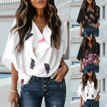 Женская летняя рубашка с v-образным вырезом и коротким рукавом, повседневная свободная футболка S белый