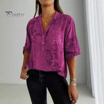 Женская летняя рубашка с v-образным вырезом и лацканами, пуловер с половиной рукавов, топы с принтом, пуговицы, половина планки, пайетки, накладной карман, свободная рубашка M темно-коричневого