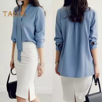 Женская летняя рубашка с v-образным вырезом и шнуровкой, пуловер с длинными рукавами, однотонные топы свободного кроя, офисные женские топы, рабочая одежда M вино красного