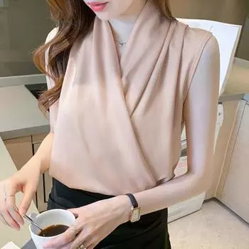 Женская летняя рубашка с v-образным вырезом без рукавов, однотонный пуловер, топы, свободная атласная блузка с перекрестной оберткой, уличная одежда 2XL шампанского