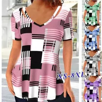 Женская летняя рубашка с v-образным вырезом и короткими рукавами, нерегулярная клетчатая рубашка с принтом, сексуальный пуловер с полой футболкой S синий