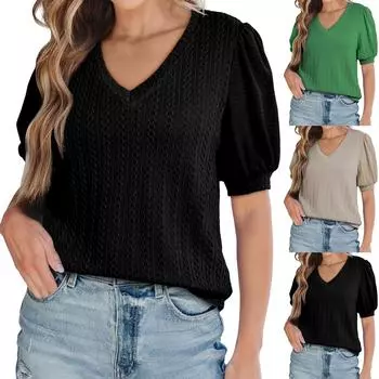 Женская летняя рубашка с V-образным вырезом, повседневные футболки, топы с рукавами-фонариками M армия зеленый