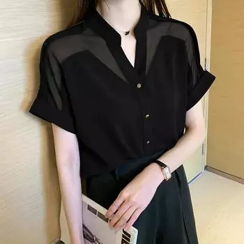 Женская летняя рубашка с V-образным вырезом и короткими рукавами из шифона, свободная блузка для поездок на работу на работу на пуговицах 4XL чёрный