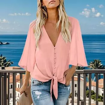 Женская летняя рубашка с V-образным вырезом, коротким рукавом, пуговицами, планкой, шнуровкой, однотонная рубашка свободного кроя в стиле для поездок на работу S темно-синий