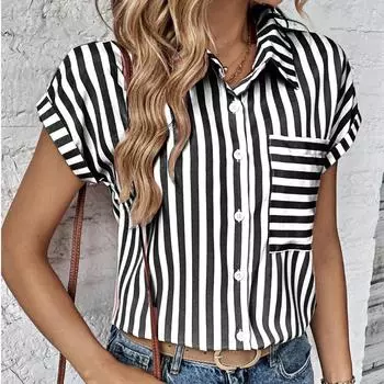 Женская летняя рубашка с V-образным вырезом и карманом в полоску S синий