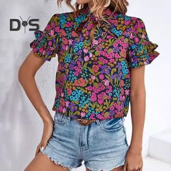 Женская летняя рубашка с воротником-стойкой и галстуком с рюшами, пуловер с короткими рукавами, топы в этническом стиле, свободная блузка с цветочным принтом XL фиолетовый