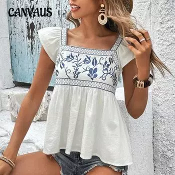 Женская летняя рубашка с вышивкой и галстуком с квадратным вырезом и рукавами-крылышками, топ с короткими рукавами и рюшами S белый