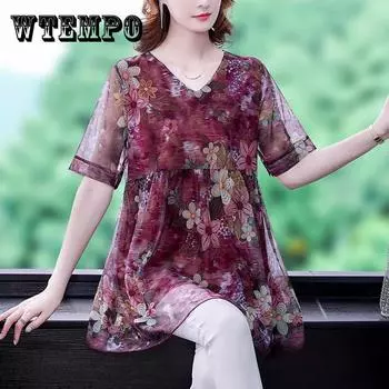 Женская летняя рубашка средней длины с короткими рукавами и v-образным вырезом, кружевная свободная футболка большого размера