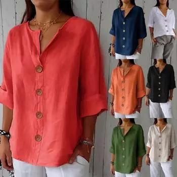 Женская летняя рубашка свободного кроя с длинными рукавами и V-образным вырезом на пуговицах 4XL абрикосовый
