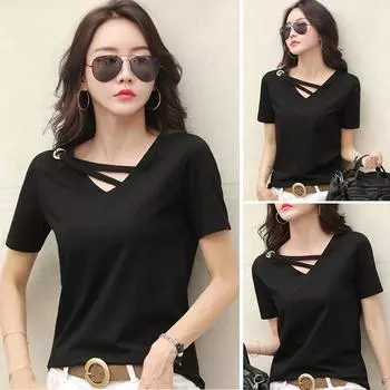 Женская летняя рубашка свободного кроя с V-образным вырезом и короткими рукавами, однотонная повседневная рубашка 3XL