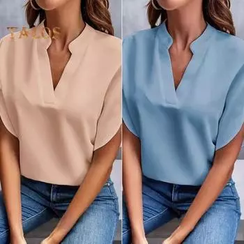 Женская летняя рубашка, топы с v-образным вырезом и манжетами-лепестками, пуловер с короткими рукавами, свободный крой, однотонная офисная женская рубашка 2XL розовый