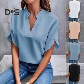 Женская летняя рубашка, топы с v-образным вырезом и манжетами-лепестками, пуловер с короткими рукавами, свободный крой, однотонная офисная женская рубашка 2XL розовый