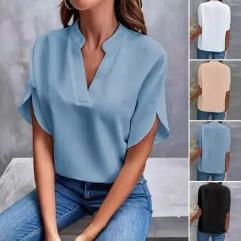 Женская летняя рубашка, топы с v-образным вырезом и манжетами-лепестками, пуловер с короткими рукавами, свободный крой, однотонная офисная женская рубашка 2XL розовый