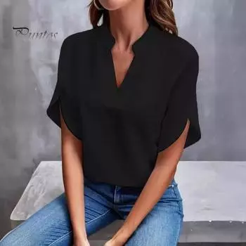 Женская летняя рубашка, топы с v-образным вырезом и манжетами-лепестками, пуловер с короткими рукавами, свободный крой, однотонная офисная женская рубашка 2XL розовый