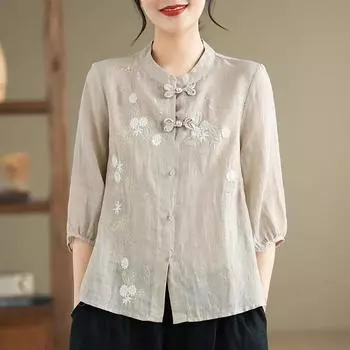 Женская летняя рубашка в китайском стиле с рукавами семь четвертей и воротником-стойкой, тонкая вышитая рубашка M абрикосовый
