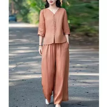 Женская летняя рубашка в стиле ретро, комплект из двух частей и широких брюк