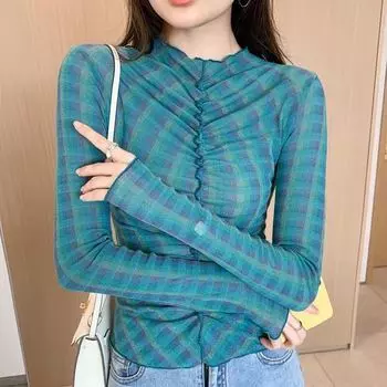 Женская летняя сетчатая футболка Pure Desire с рюшами, уникальная, облегающая, слегка прозрачная, для защиты от солнца, для острой девушки, осенне-зимняя, с длинным рукавом, короткий топ S павлин голубой