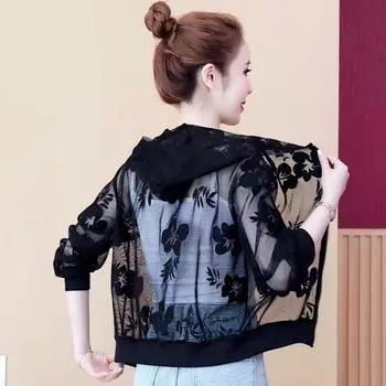 Женская летняя сетчатая кружевная куртка с капюшоном большого размера, легкая короткая однотонная солнцезащитная куртка 2XL