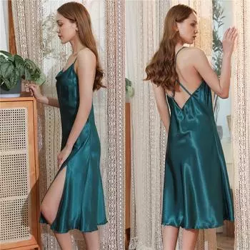 Женская летняя сексуальная ночная рубашка с перекрестными бретелями, однотонная глянцевая атласная домашняя одежда с открытой спиной, платье-комбинация средней длины S