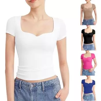 Женская летняя сексуальная приталенная футболка с короткими рукавами и воротником в форме сердца L чёрный