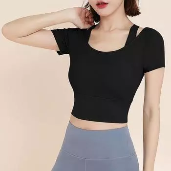 Женская летняя сексуальная сетчатая футболка с коротким рукавом для йоги из двух частей, повседневная рабочая, с красивой спиной, спортивная фитнес-футболка, топы S чёрный