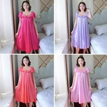 Женская летняя сексуальная свободная ночная рубашка больших размеров с короткими рукавами из ледяного шелка, ночная рубашка из шелковой сетки XL