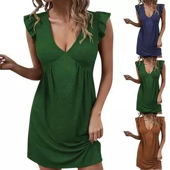 Женская летняя сексуальная юбка с v-образным вырезом, свободное и повседневное платье-майка без рукавов