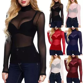 Женская летняя сексуальная ультратонкая сетчатая эластичная обтягивающая рубашка с длинными рукавами и полувысоким воротником L розовый