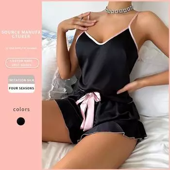 Женская летняя шелковая сексуальная пижама с лямкой на шее, крутая удобная свободная домашняя одежда, комплект из двух предметов, пижама на бретельках S чёрный