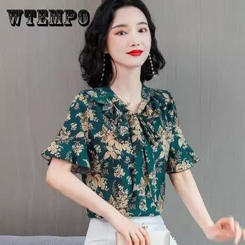 Женская летняя шифоновая рубашка с коротким рукавом, свободный топ с цветочным принтом XXXL красный