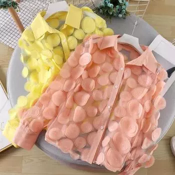 Женская летняя шифоновая рубашка с лацканами и фонариками, рубашка с длинными рукавами, топы, полупрозрачная однобортная блузка с 3D цветочным принтом абрикосовый