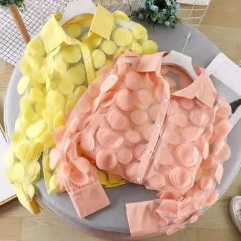 Женская летняя шифоновая рубашка с лацканами и фонариками, рубашка с длинными рукавами, топы, полупрозрачная однобортная блузка с 3D цветочным принтом розовый