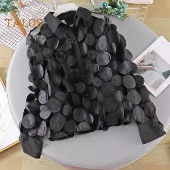 Женская летняя шифоновая рубашка с лацканами и фонариками, рубашка с длинными рукавами, топы, полупрозрачная однобортная блузка с 3D цветочным принтом розовый